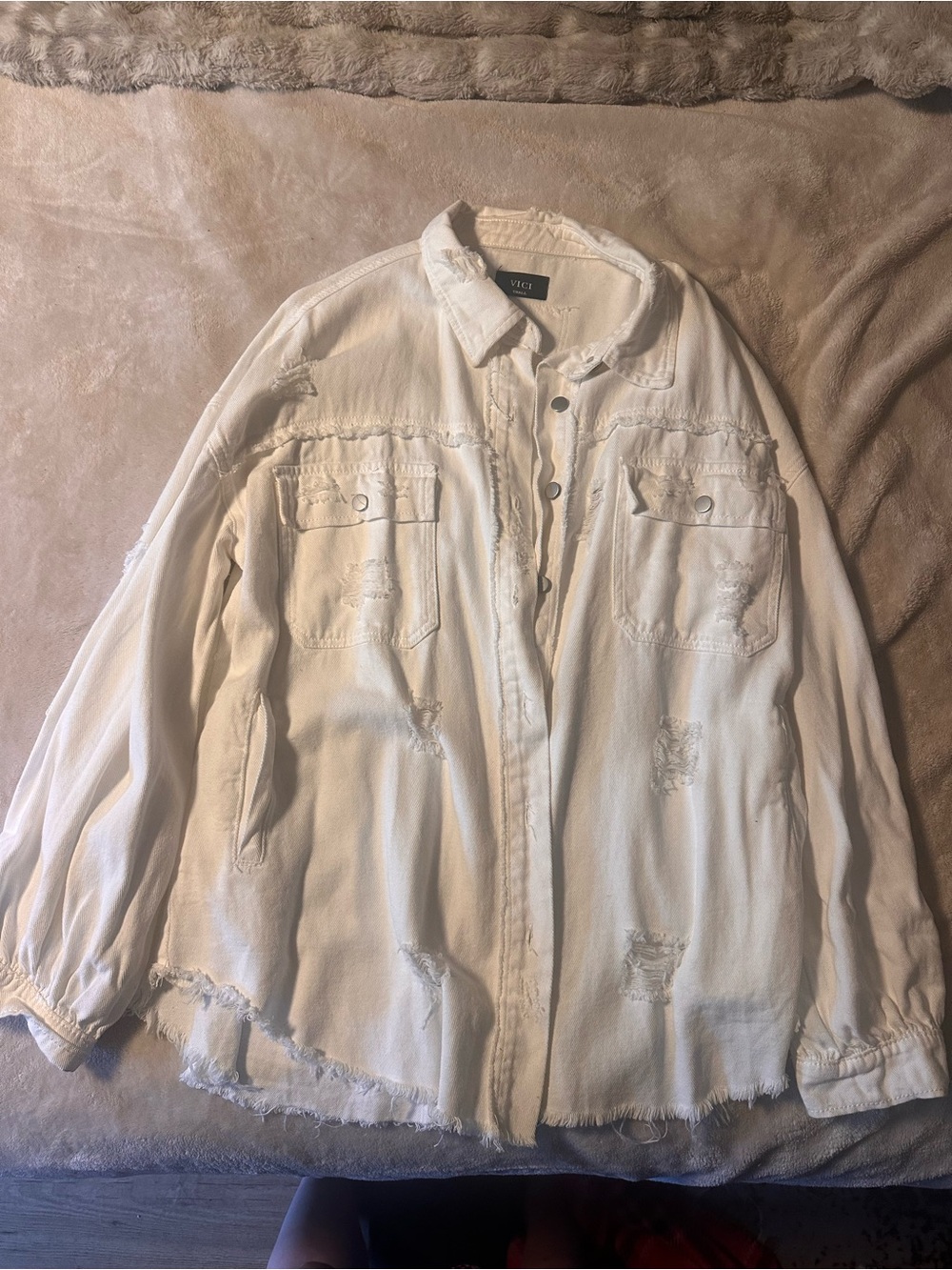VICI Distressed Oversized Button-Up Shirt Jacket - White